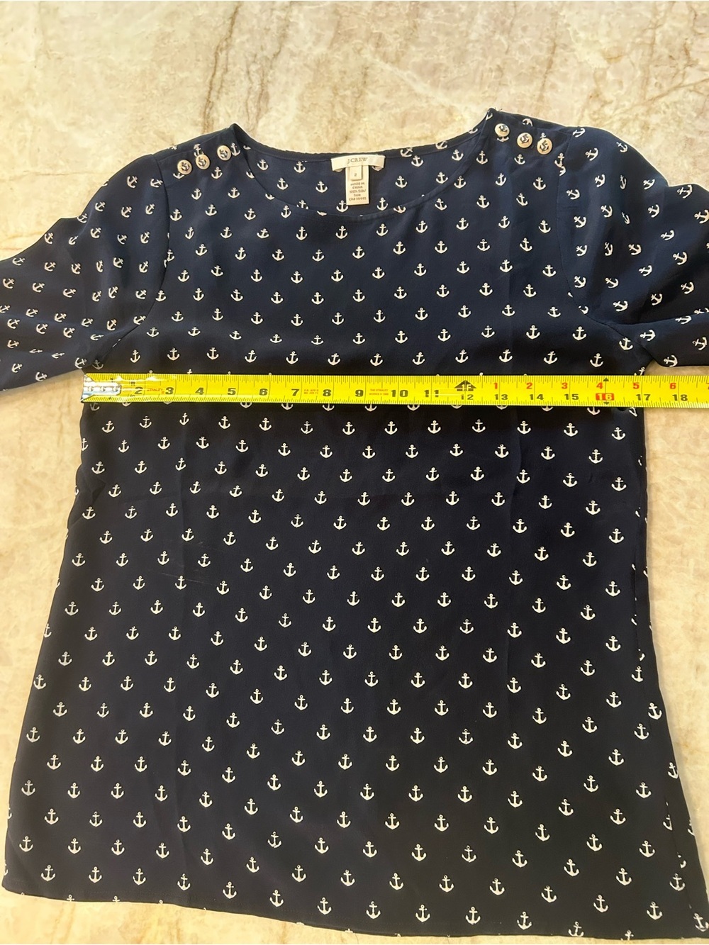 J.Crew Anchors Away 100% Silk Blouse Size 2 Navy Anchor Print Nautical - Picture 4 of 7